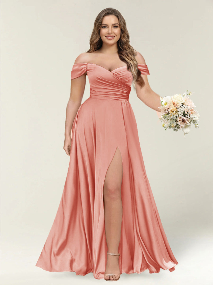 A-Line/Princess One-Shoulder Sleeveless Long Plus Size Bridesmaid Dresses with Split Side Salmon