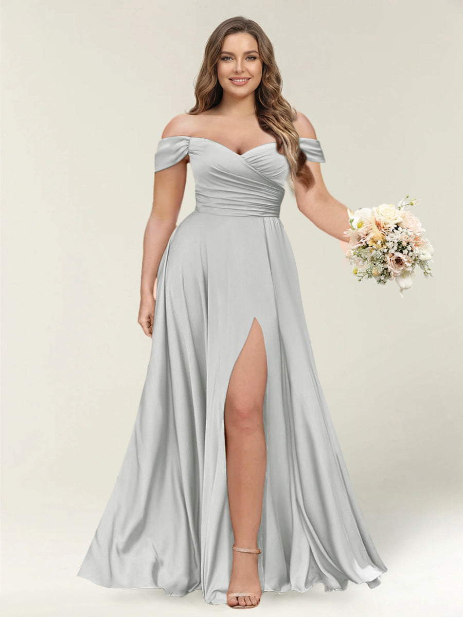 A-Line/Princess One-Shoulder Sleeveless Long Plus Size Bridesmaid Dresses with Split Side Silver