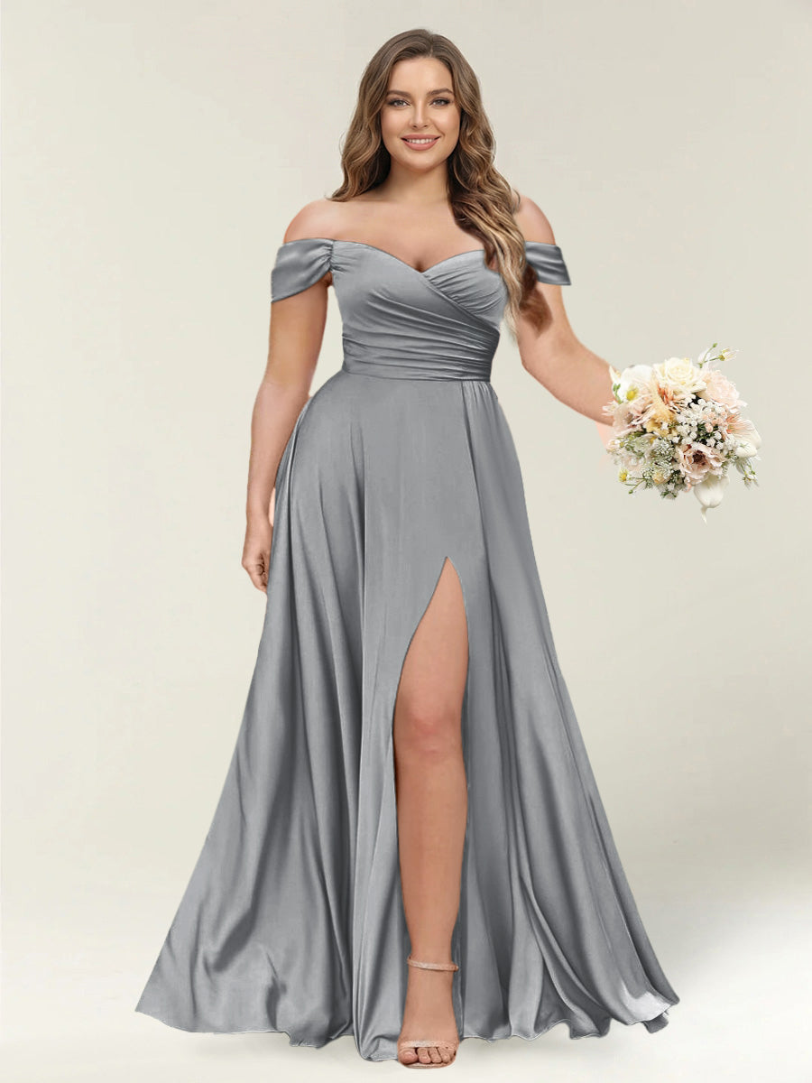 A-Line/Princess One-Shoulder Sleeveless Long Plus Size Bridesmaid Dresses with Split Side Silver Gray