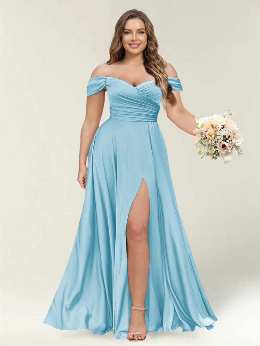 A-Line/Princess One-Shoulder Sleeveless Long Plus Size Bridesmaid Dresses with Split Side Sky Blue