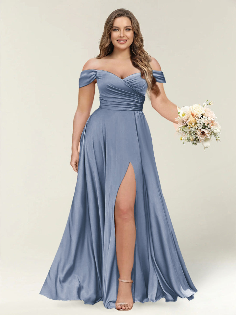 A-Line/Princess One-Shoulder Sleeveless Long Plus Size Bridesmaid Dresses with Split Side Steel Blue