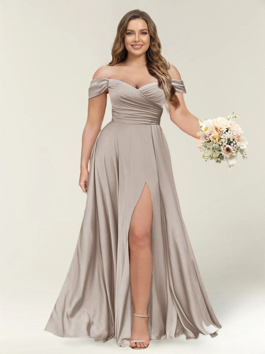 A-Line/Princess One-Shoulder Sleeveless Long Plus Size Bridesmaid Dresses with Split Side Taupe