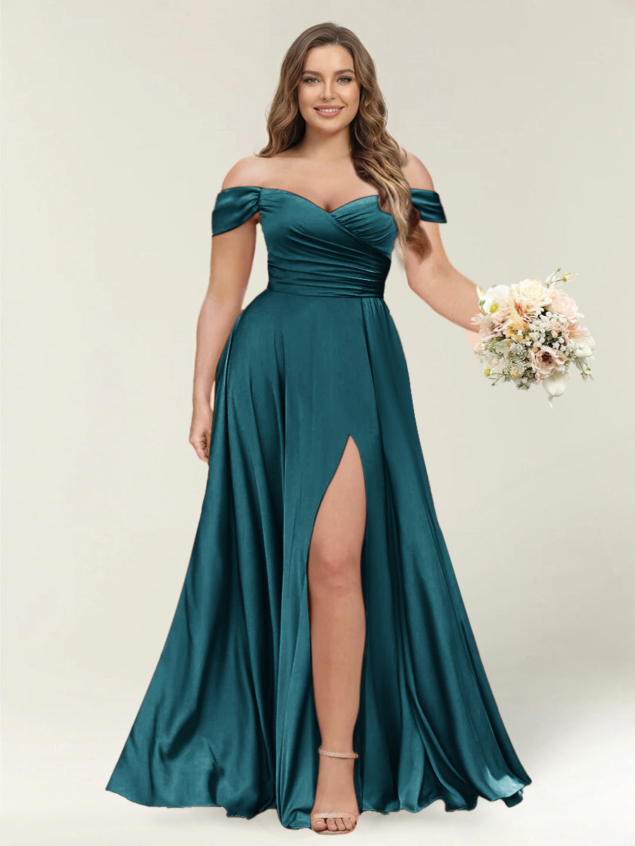A-Line/Princess One-Shoulder Sleeveless Long Plus Size Bridesmaid Dresses with Split Side Teal