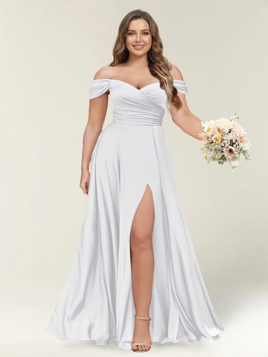 A-Line/Princess One-Shoulder Sleeveless Long Plus Size Bridesmaid Dresses with Split Side White