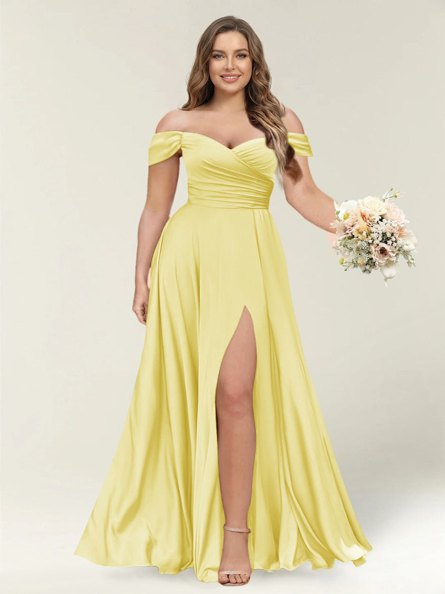 A-Line/Princess One-Shoulder Sleeveless Long Plus Size Bridesmaid Dresses with Split Side Yellow