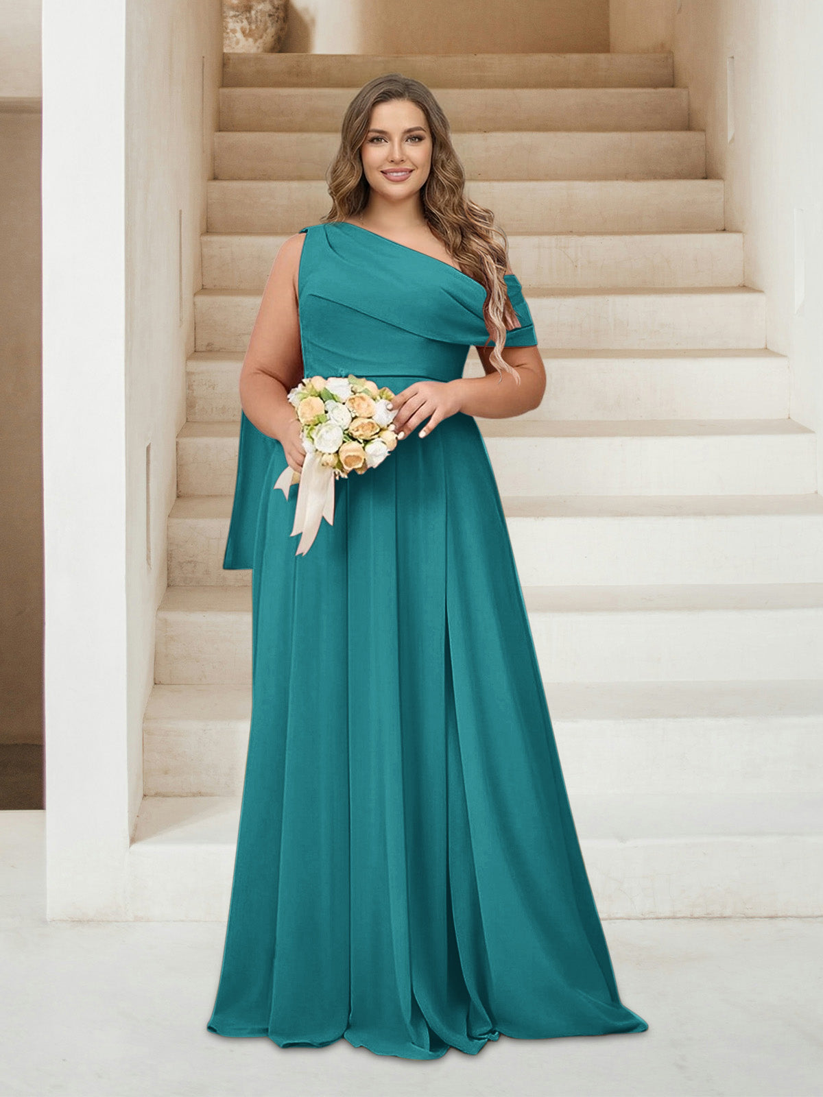 A-Line/Princess One-Shoulder Floor-Length Sleeveless Plus Size Bridesmaid Dresses Aqua Blue
