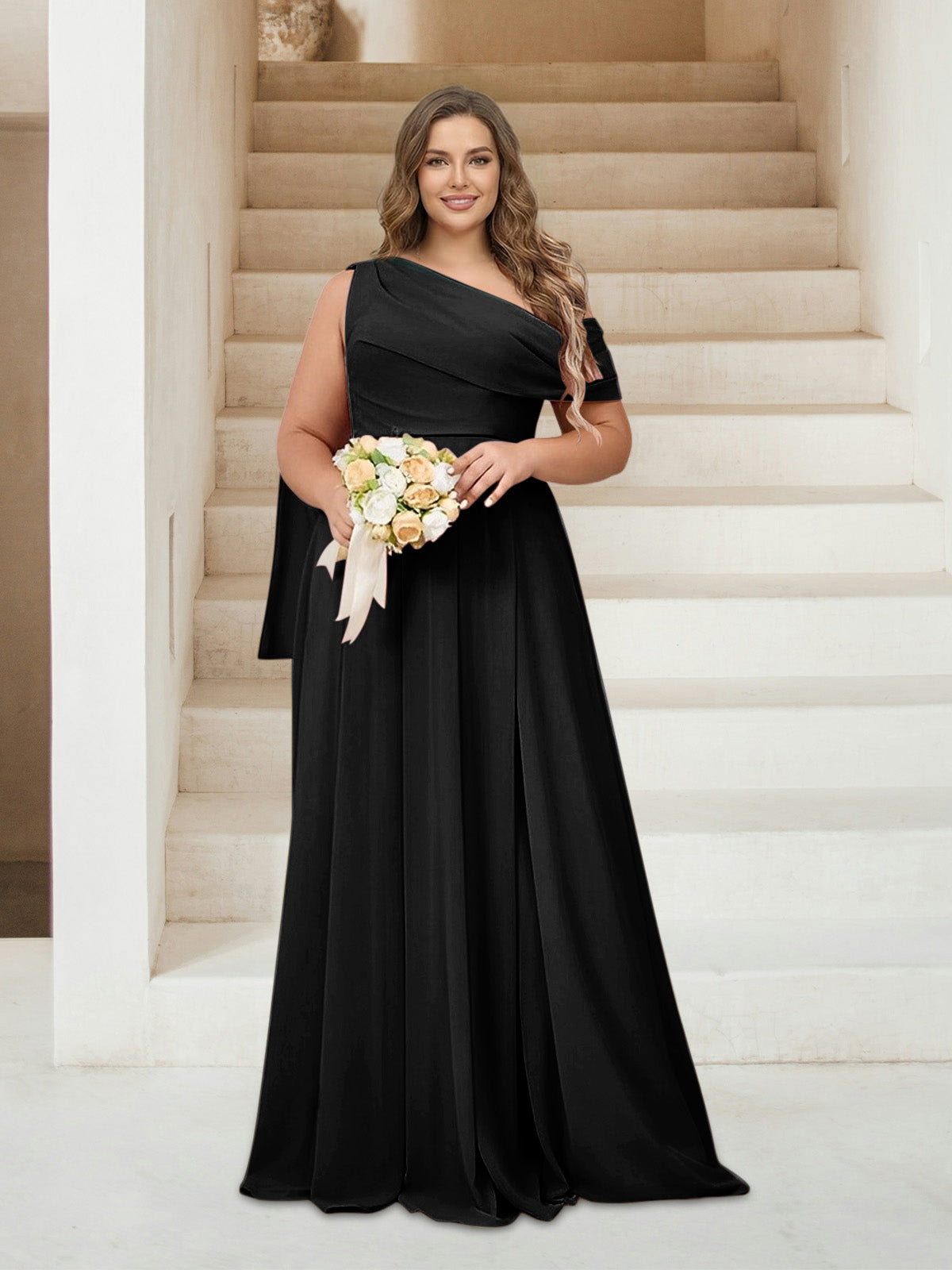 A-Line/Princess One-Shoulder Floor-Length Sleeveless Plus Size Bridesmaid Dresses Black