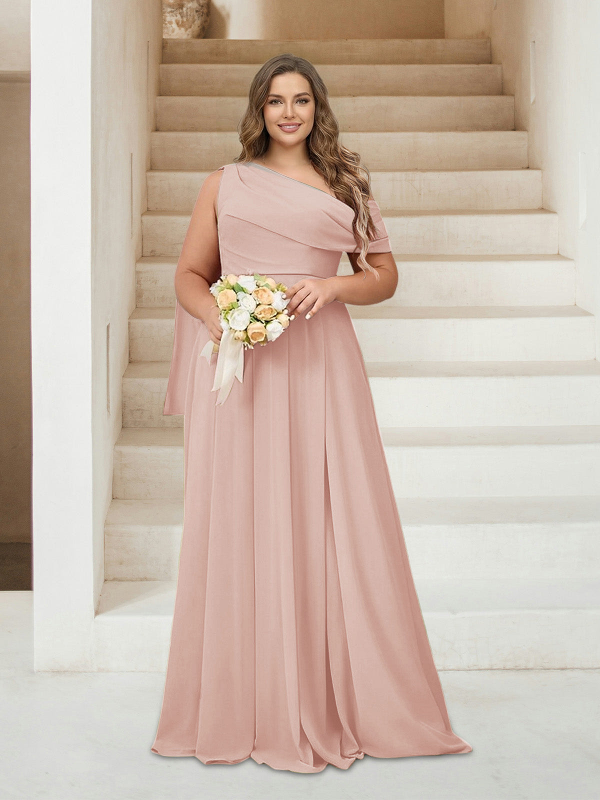 A-Line/Princess One-Shoulder Floor-Length Sleeveless Plus Size Bridesmaid Dresses Blush Pink