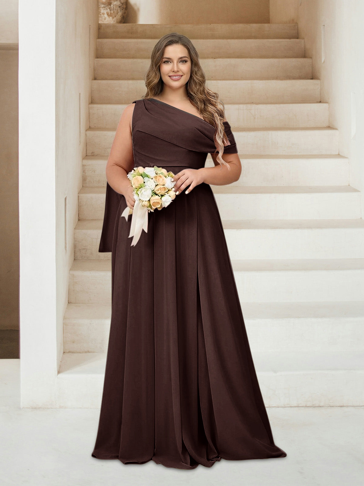 A-Line/Princess One-Shoulder Floor-Length Sleeveless Plus Size Bridesmaid Dresses Brown