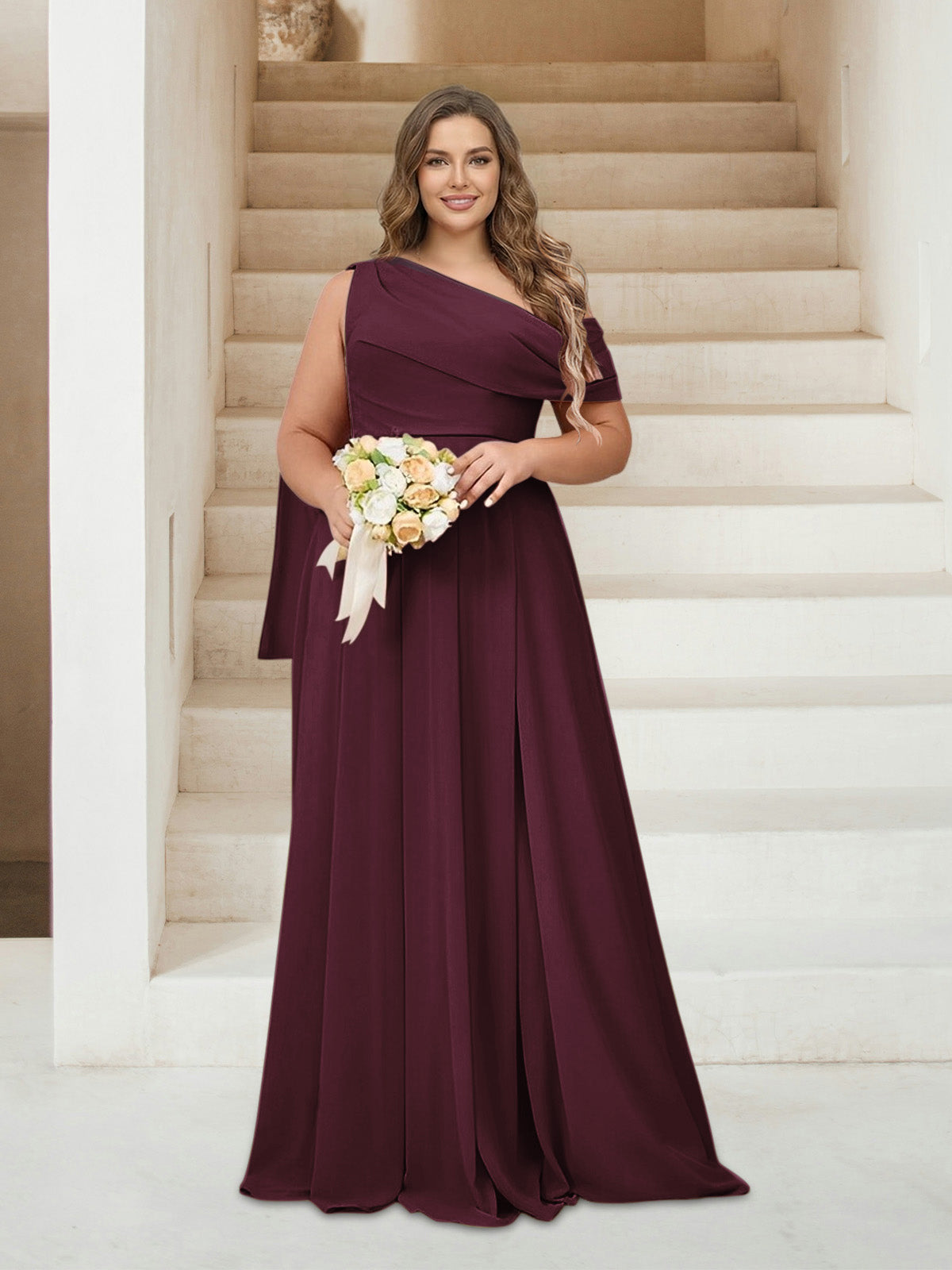 A-Line/Princess One-Shoulder Floor-Length Sleeveless Plus Size Bridesmaid Dresses Burgundy