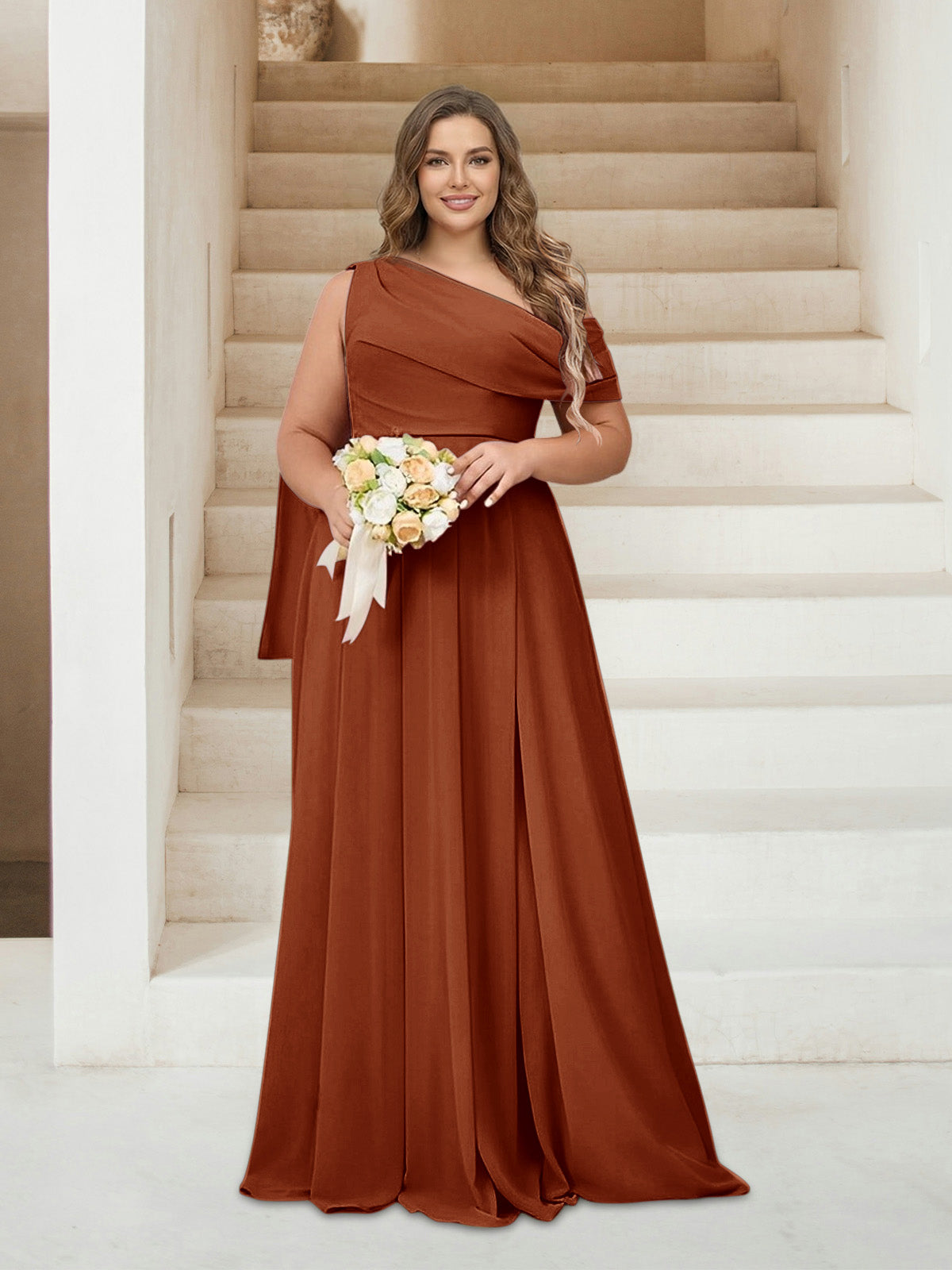 A-Line/Princess One-Shoulder Floor-Length Sleeveless Plus Size Bridesmaid Dresses Burnt Orange