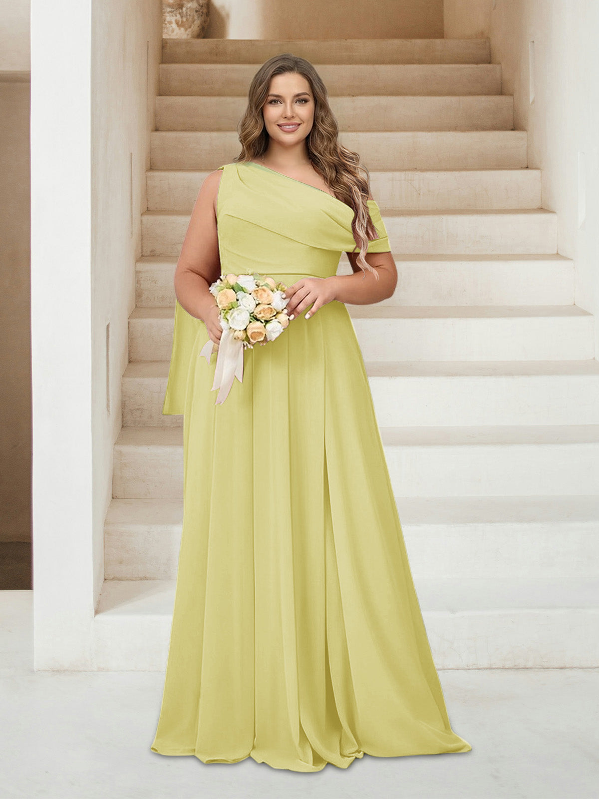 A-Line/Princess One-Shoulder Floor-Length Sleeveless Plus Size Bridesmaid Dresses Canary