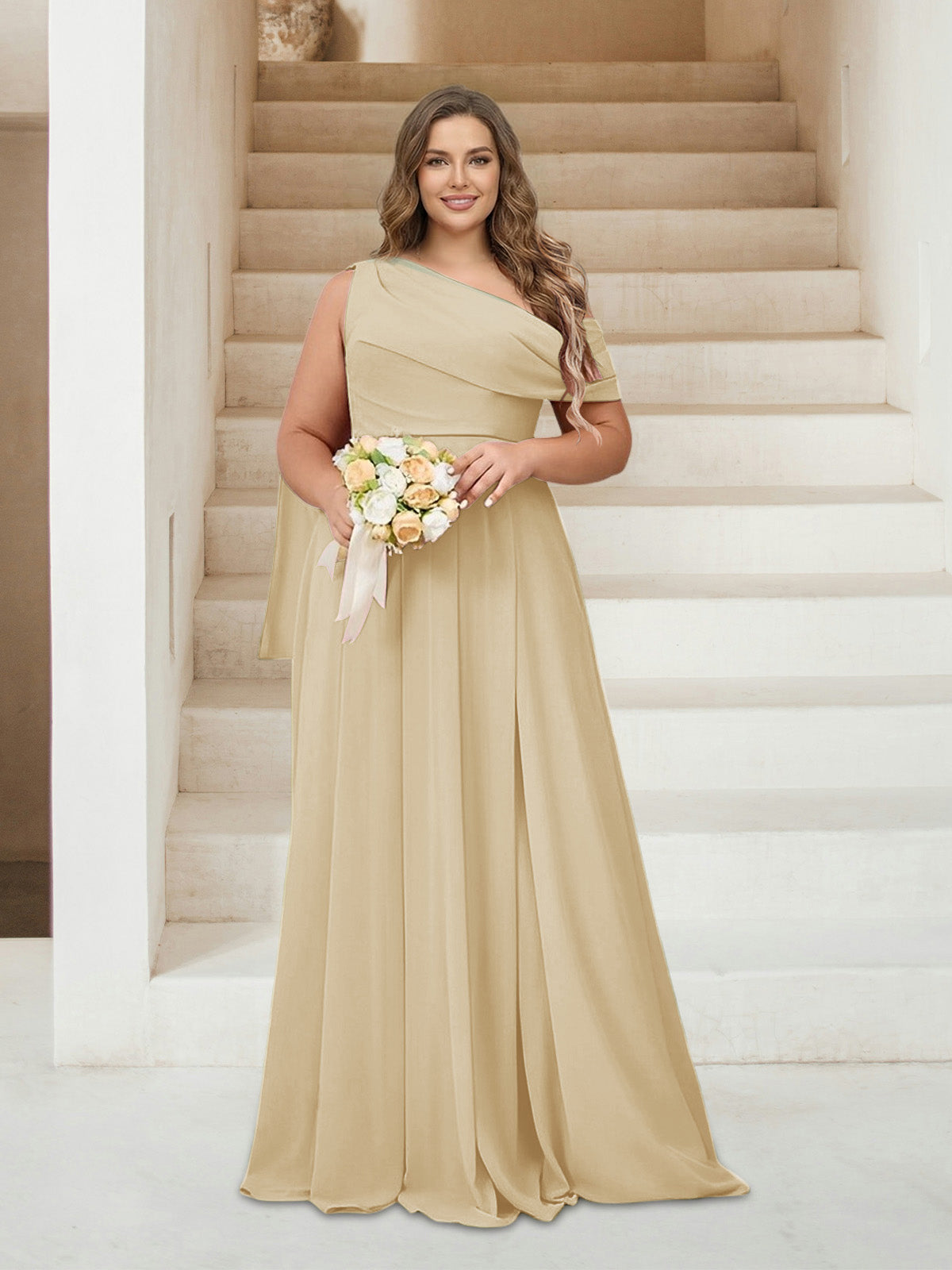 A-Line/Princess One-Shoulder Floor-Length Sleeveless Plus Size Bridesmaid Dresses Champagne
