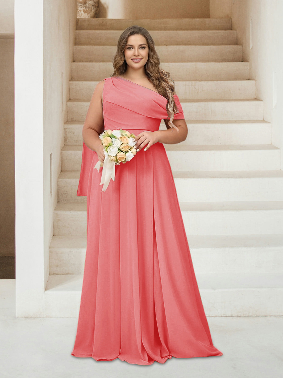 A-Line/Princess One-Shoulder Floor-Length Sleeveless Plus Size Bridesmaid Dresses Coral