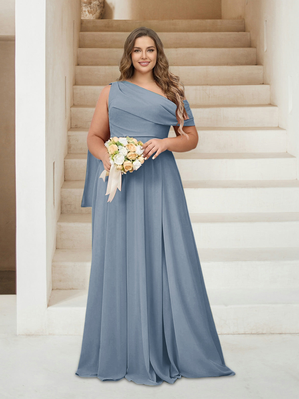 A-Line/Princess One-Shoulder Floor-Length Sleeveless Plus Size Bridesmaid Dresses Dusty Blue
