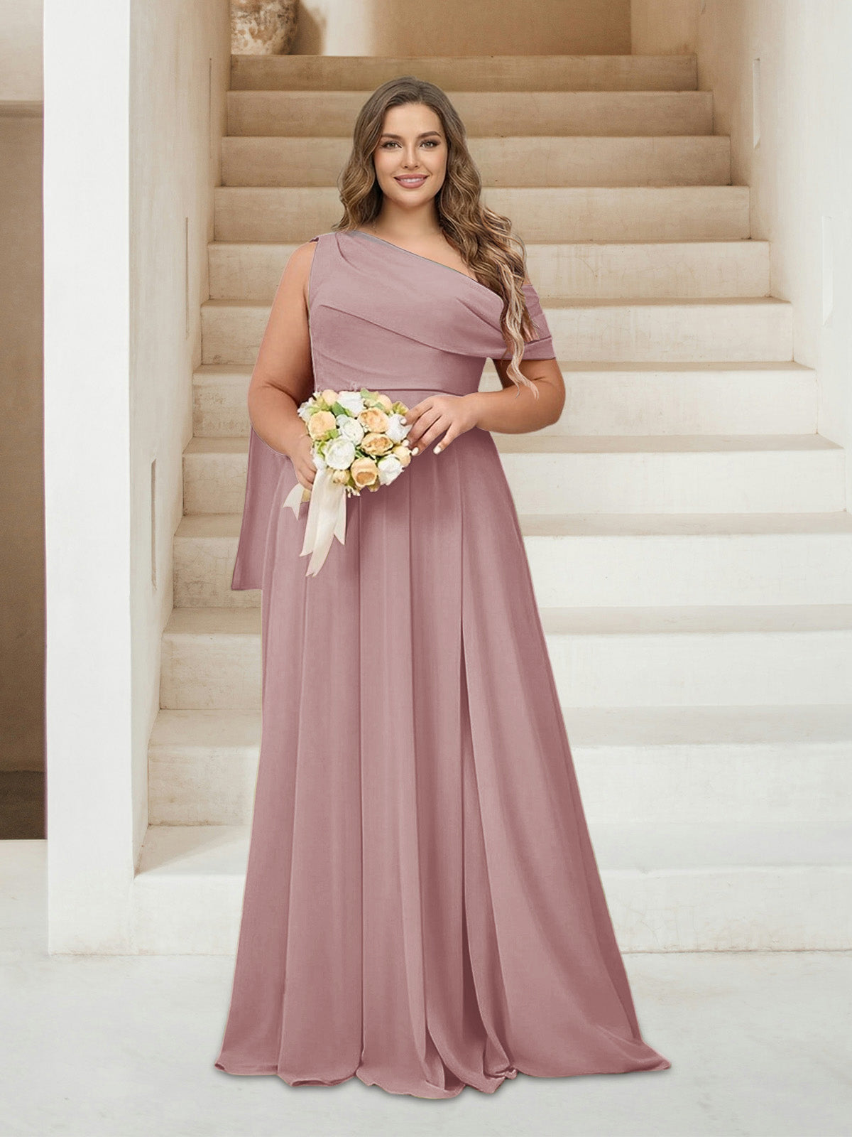 A-Line/Princess One-Shoulder Floor-Length Sleeveless Plus Size Bridesmaid Dresses Dusty Pink