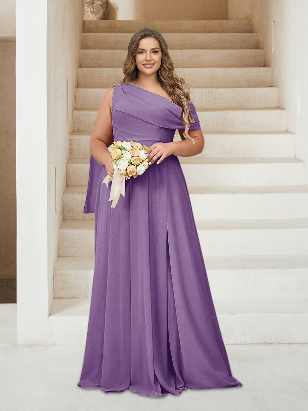 A-Line/Princess One-Shoulder Floor-Length Sleeveless Plus Size Bridesmaid Dresses Dusty Purple