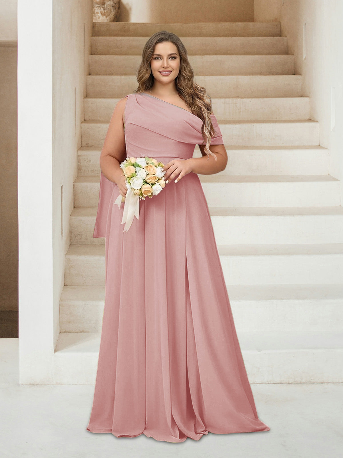 A-Line/Princess One-Shoulder Floor-Length Sleeveless Plus Size Bridesmaid Dresses Dusty Rose