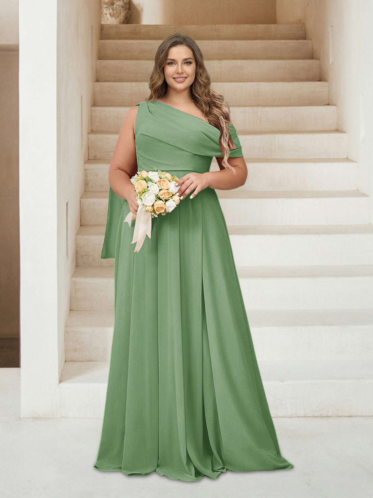 A-Line/Princess One-Shoulder Floor-Length Sleeveless Plus Size Bridesmaid Dresses Dusty Sage