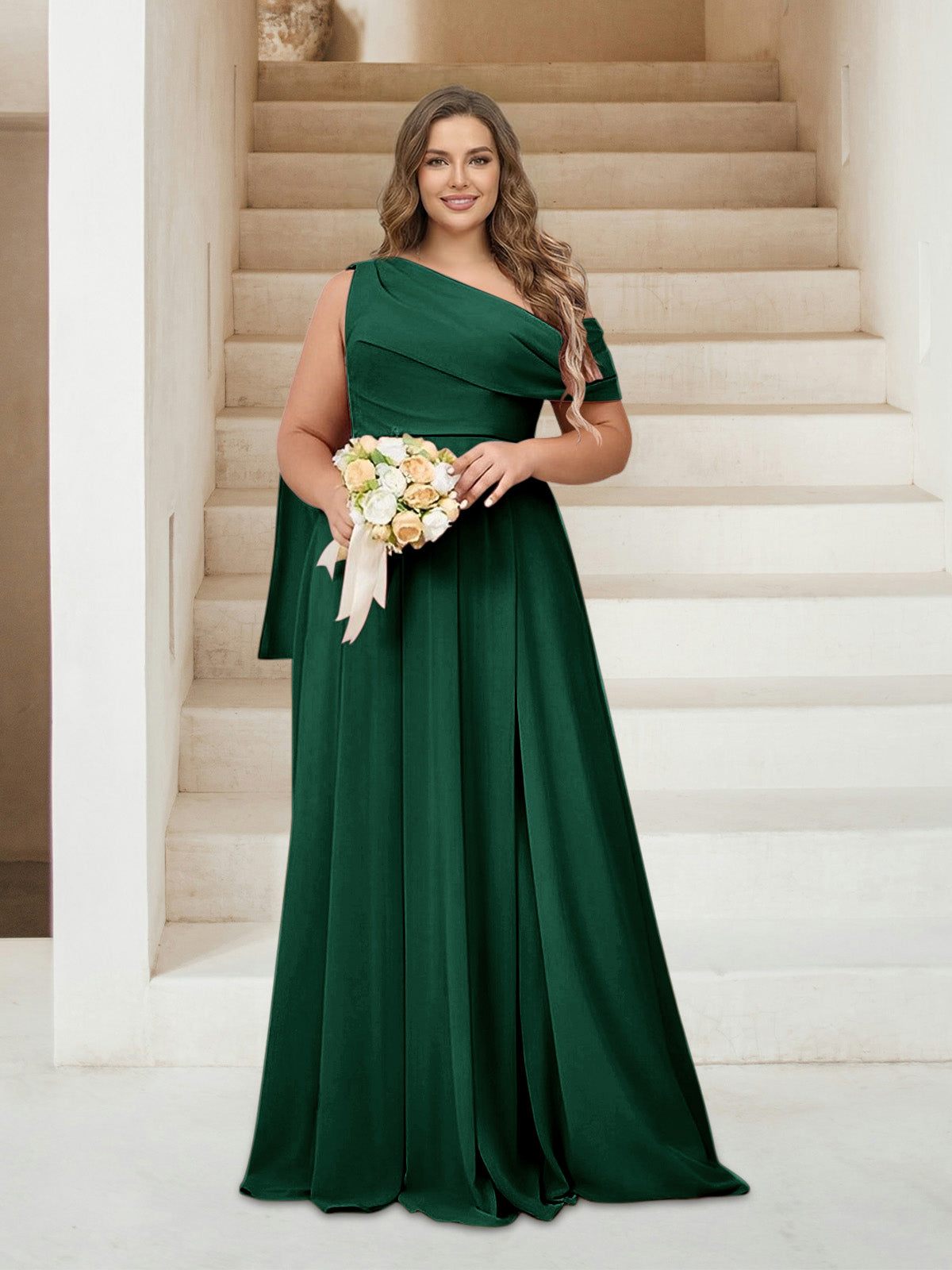 A-Line/Princess One-Shoulder Floor-Length Sleeveless Plus Size Bridesmaid Dresses Emerald