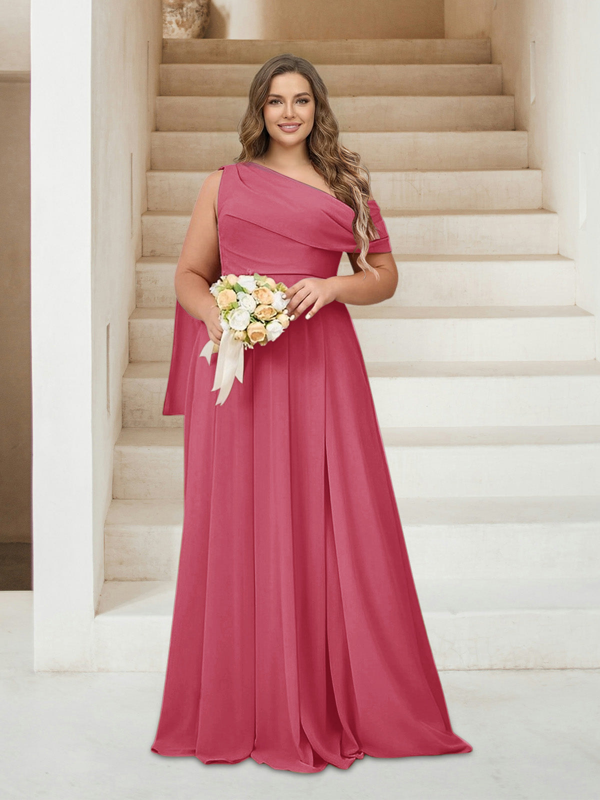 A-Line/Princess One-Shoulder Floor-Length Sleeveless Plus Size Bridesmaid Dresses Fuchsia