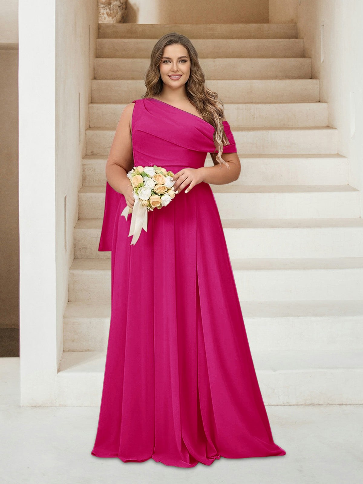 A-Line/Princess One-Shoulder Floor-Length Sleeveless Plus Size Bridesmaid Dresses Fuchsia Pink