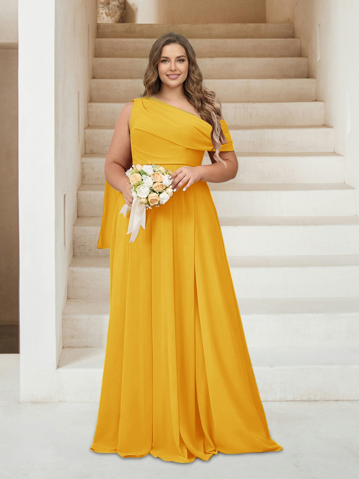 A-Line/Princess One-Shoulder Floor-Length Sleeveless Plus Size Bridesmaid Dresses Gold