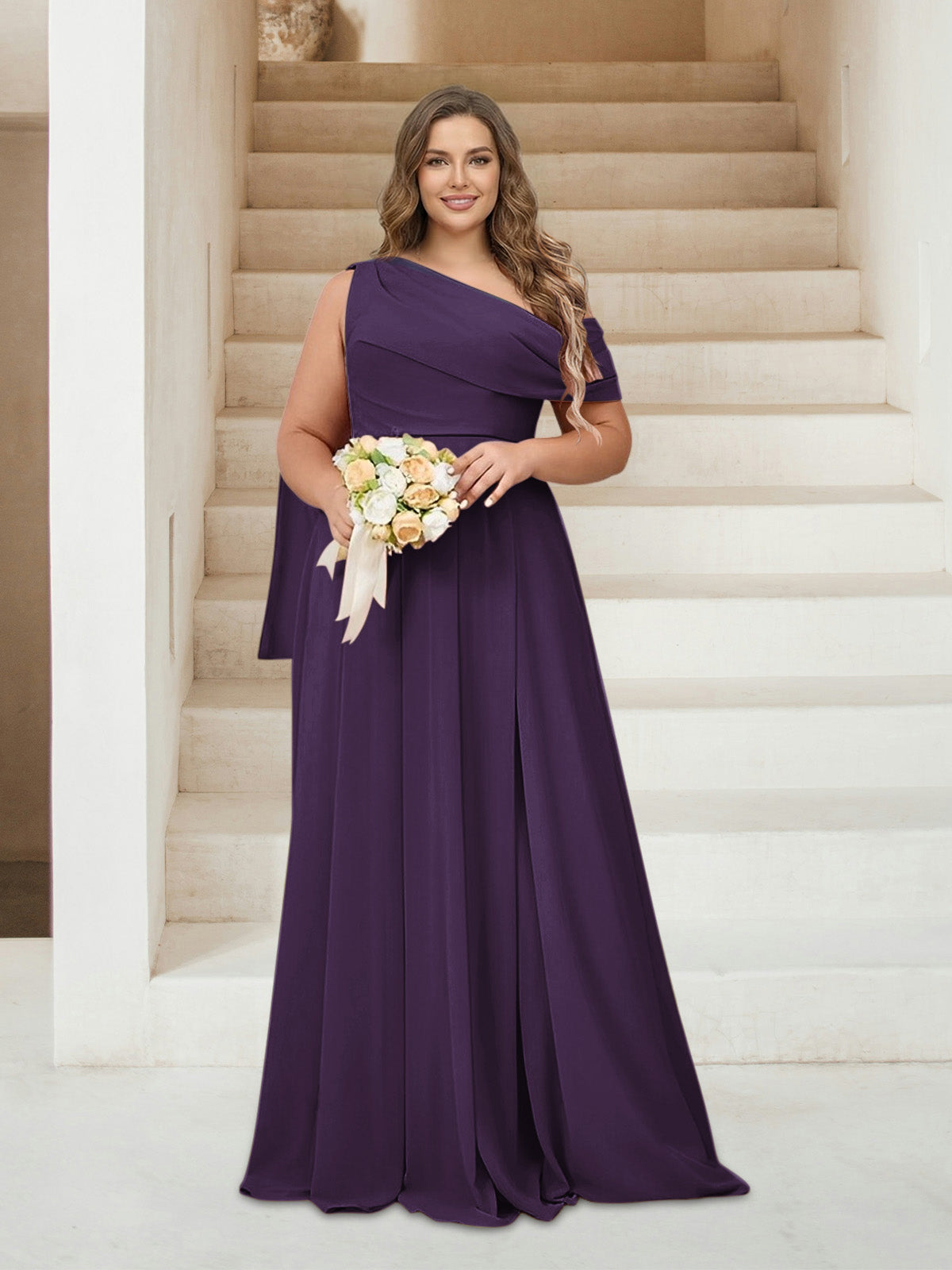 A-Line/Princess One-Shoulder Floor-Length Sleeveless Plus Size Bridesmaid Dresses Grape