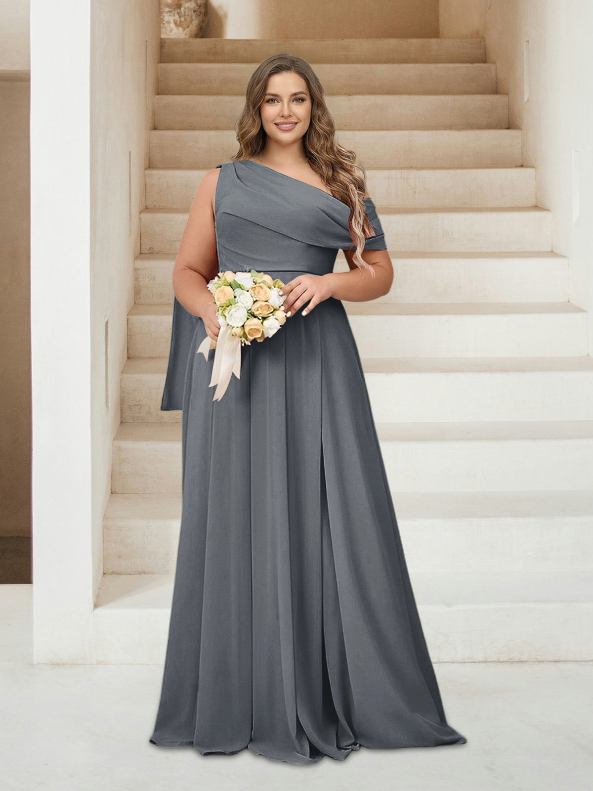 A-Line/Princess One-Shoulder Floor-Length Sleeveless Plus Size Bridesmaid Dresses Gray