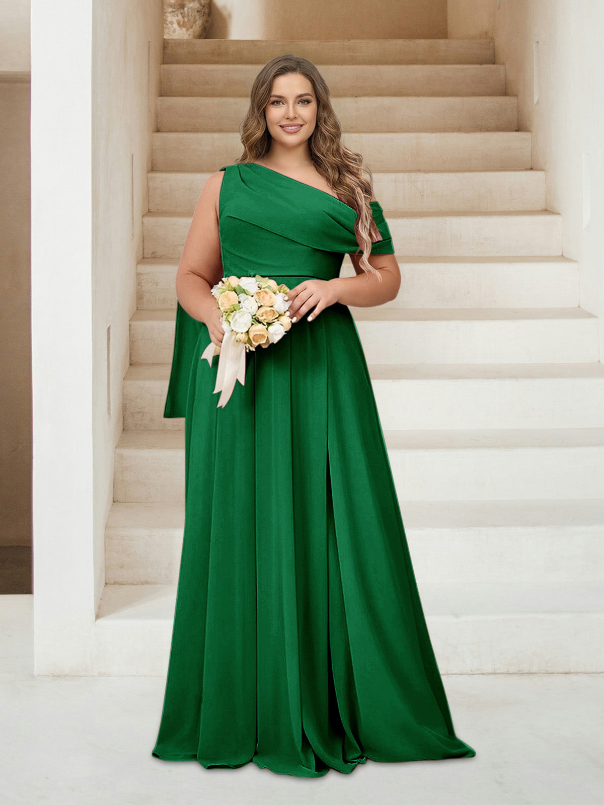 A-Line/Princess One-Shoulder Floor-Length Sleeveless Plus Size Bridesmaid Dresses Green