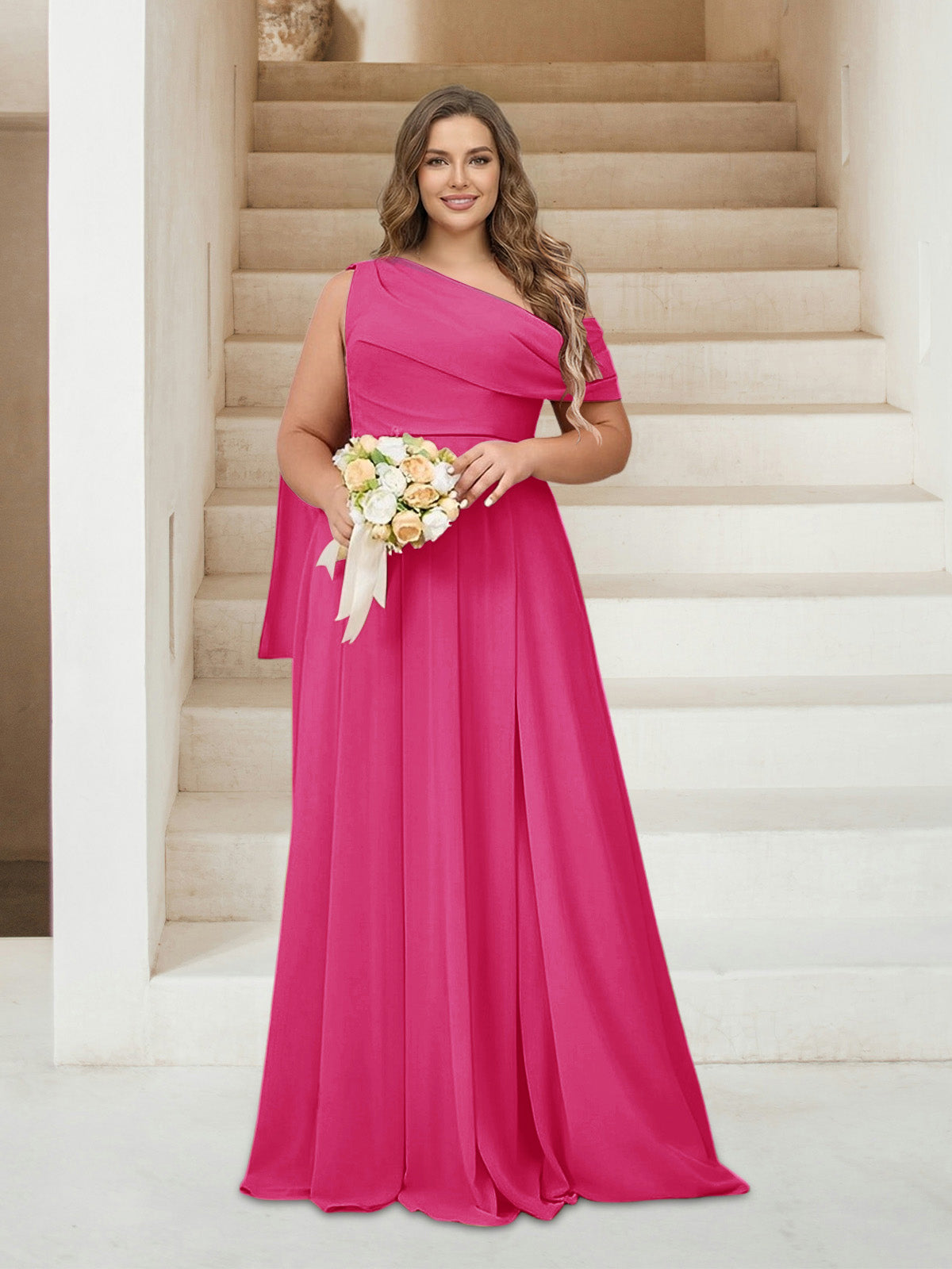 A-Line/Princess One-Shoulder Floor-Length Sleeveless Plus Size Bridesmaid Dresses Hot Pink