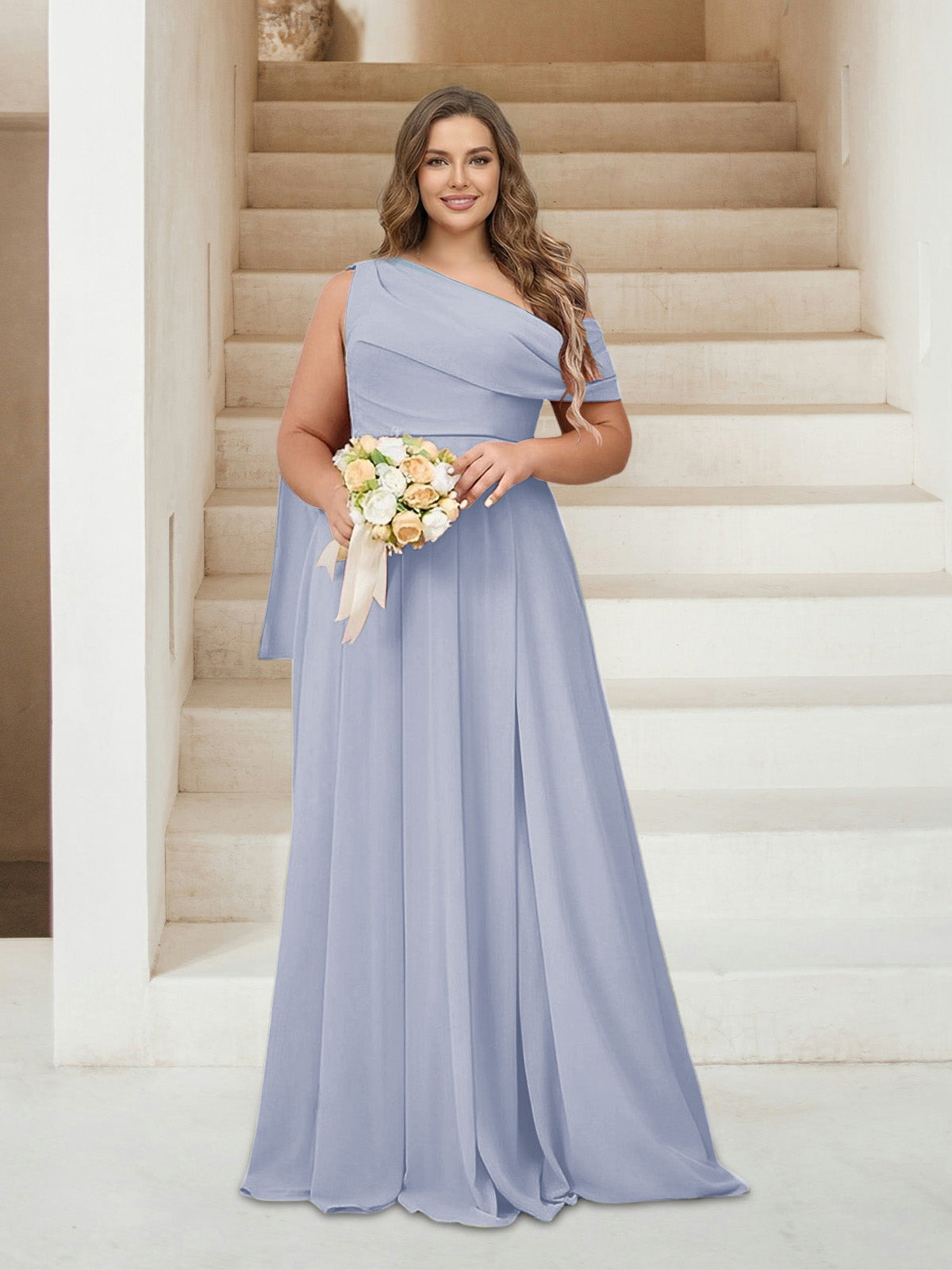 A-Line/Princess One-Shoulder Floor-Length Sleeveless Plus Size Bridesmaid Dresses Lavender