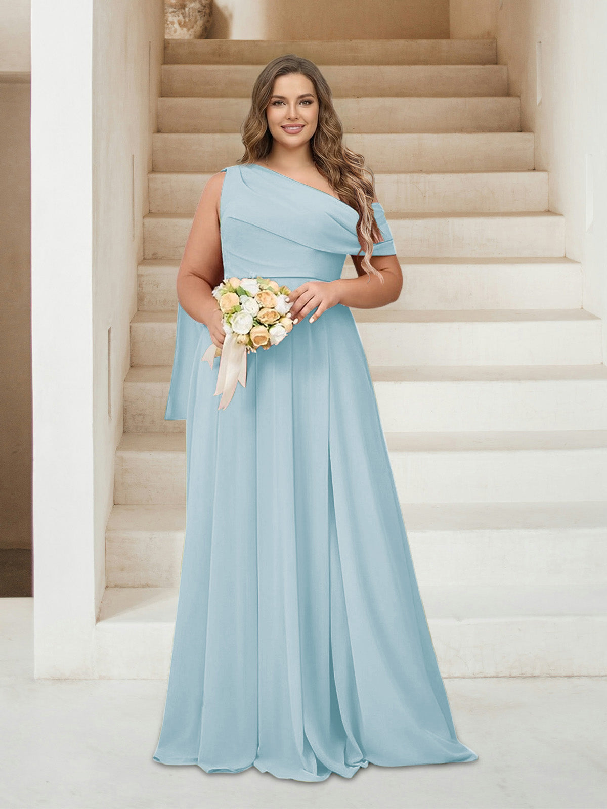 A-Line/Princess One-Shoulder Floor-Length Sleeveless Plus Size Bridesmaid Dresses Light Blue