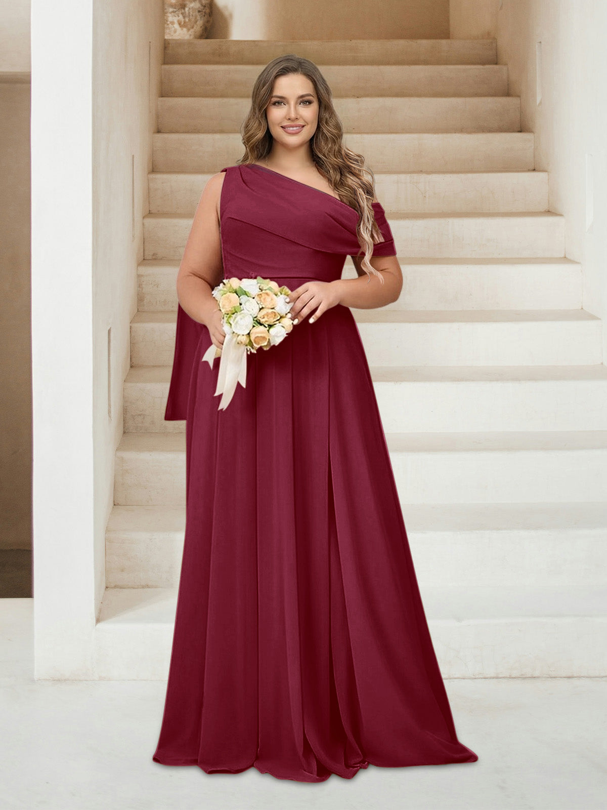 A-Line/Princess One-Shoulder Floor-Length Sleeveless Plus Size Bridesmaid Dresses Light Burgundy