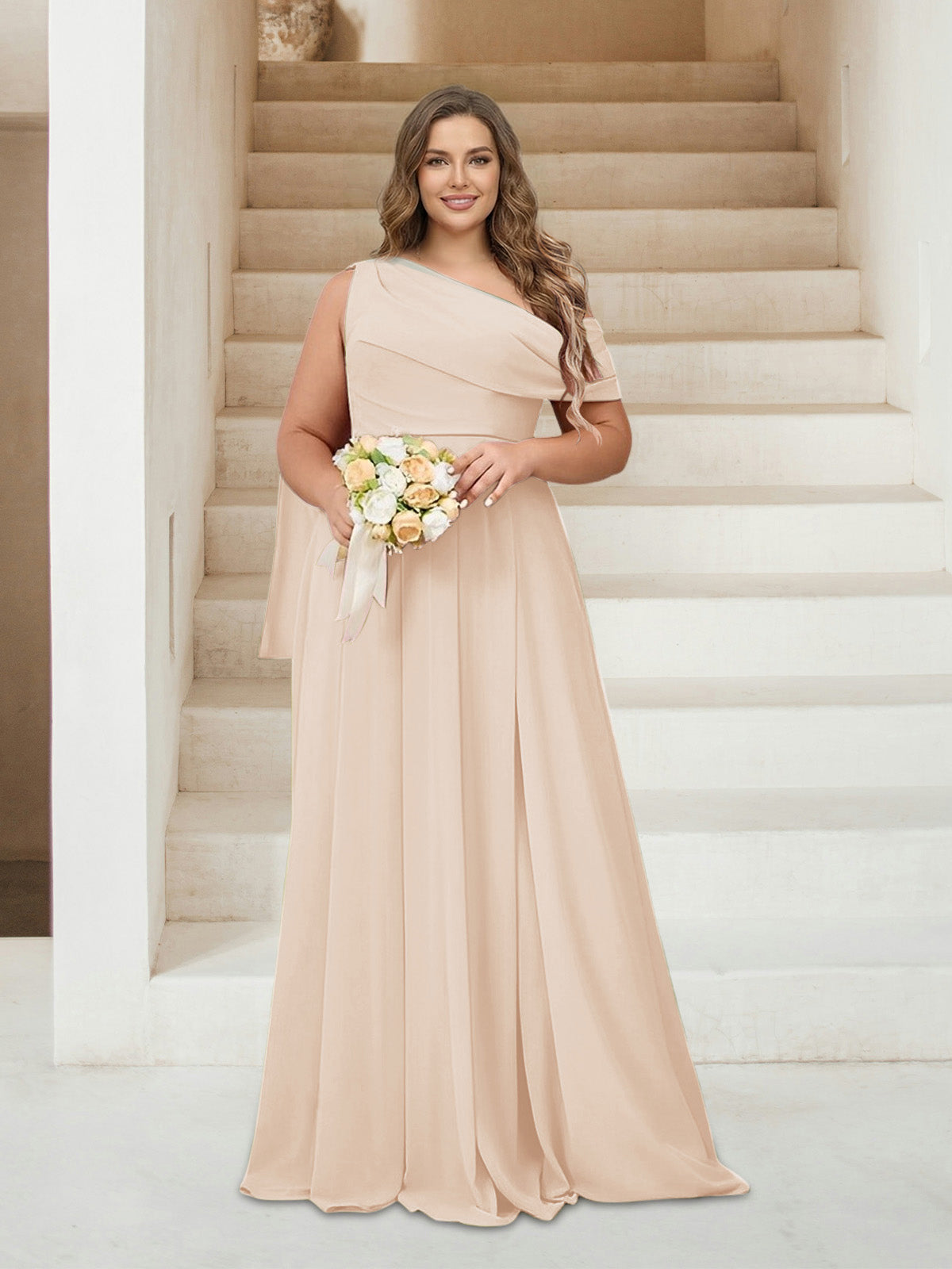 A-Line/Princess One-Shoulder Floor-Length Sleeveless Plus Size Bridesmaid Dresses Light Champagne
