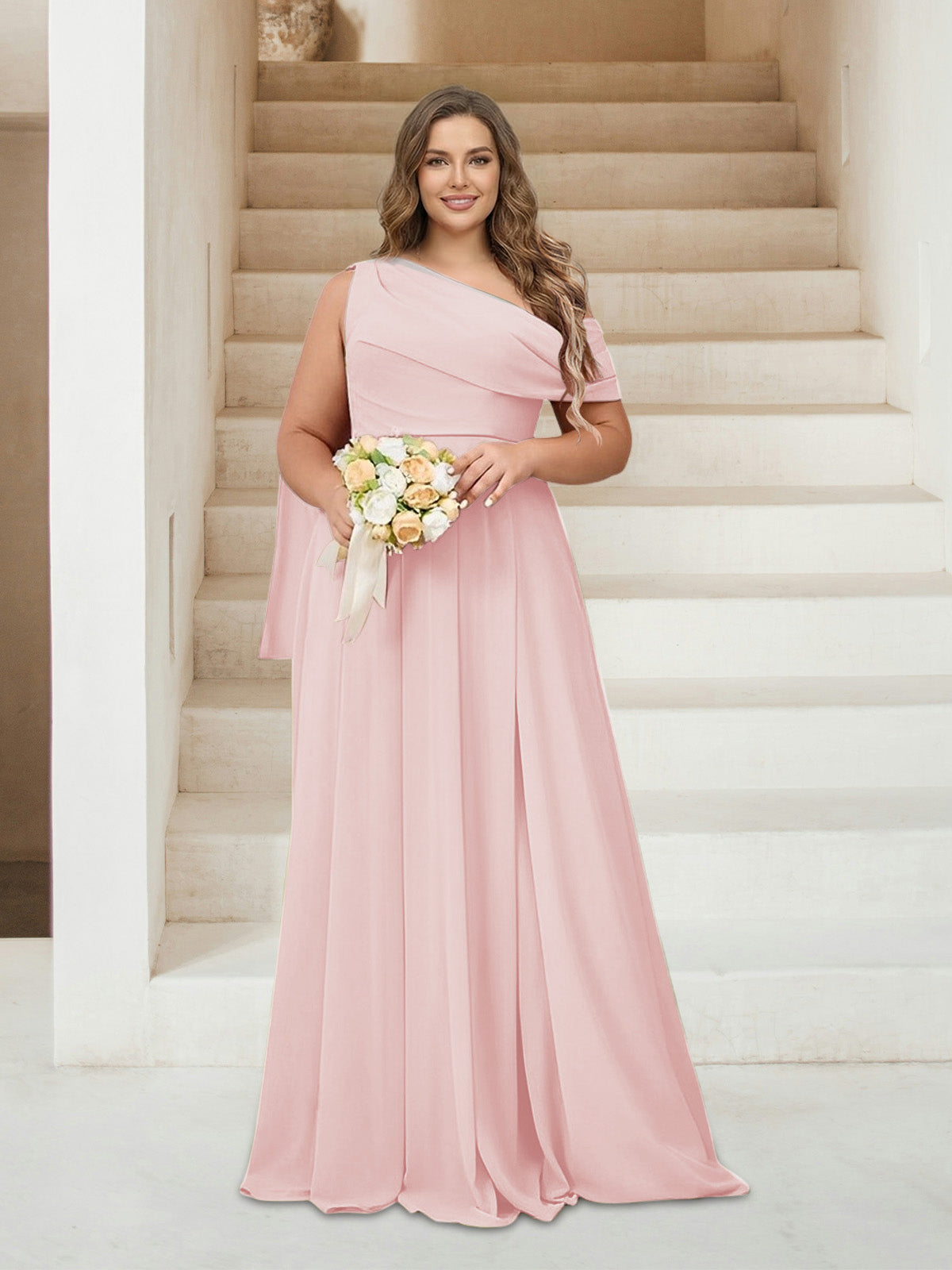 A-Line/Princess One-Shoulder Floor-Length Sleeveless Plus Size Bridesmaid Dresses Light Pink