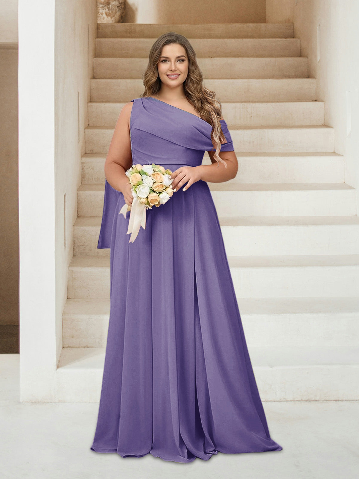 A-Line/Princess One-Shoulder Floor-Length Sleeveless Plus Size Bridesmaid Dresses Light Purple
