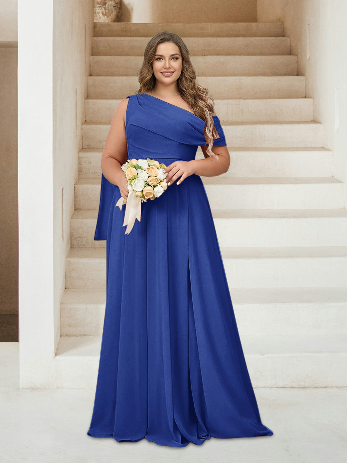 A-Line/Princess One-Shoulder Floor-Length Sleeveless Plus Size Bridesmaid Dresses Light Royal Blue