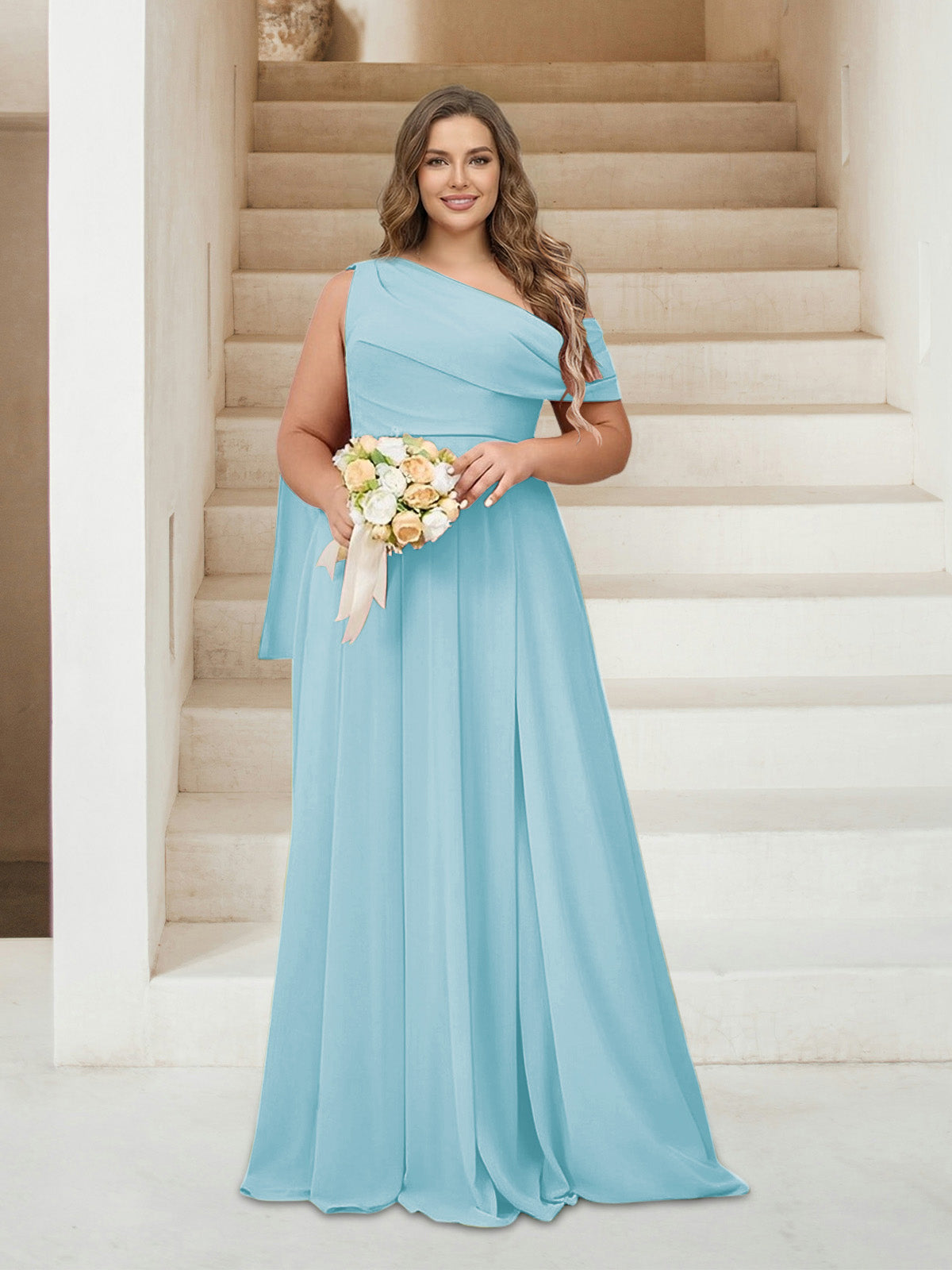 A-Line/Princess One-Shoulder Floor-Length Sleeveless Plus Size Bridesmaid Dresses Light Sky Blue