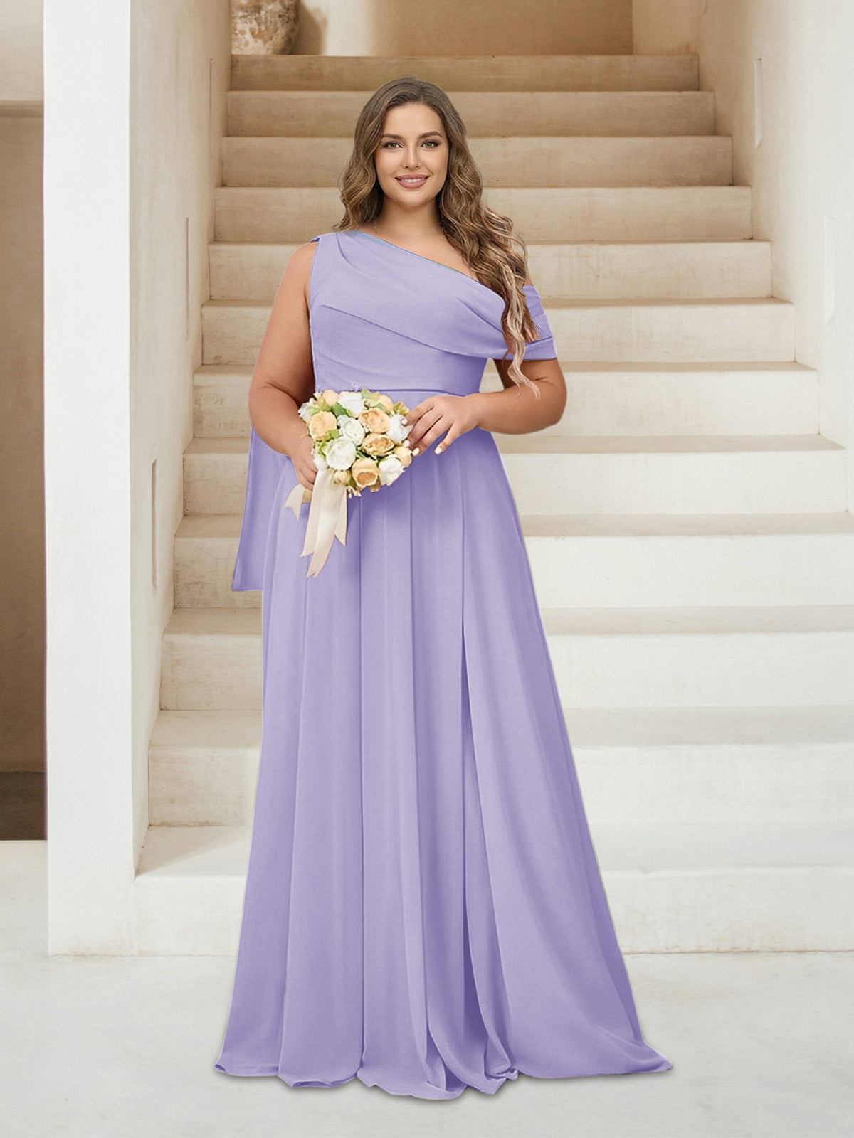 A-Line/Princess One-Shoulder Floor-Length Sleeveless Plus Size Bridesmaid Dresses Lilac