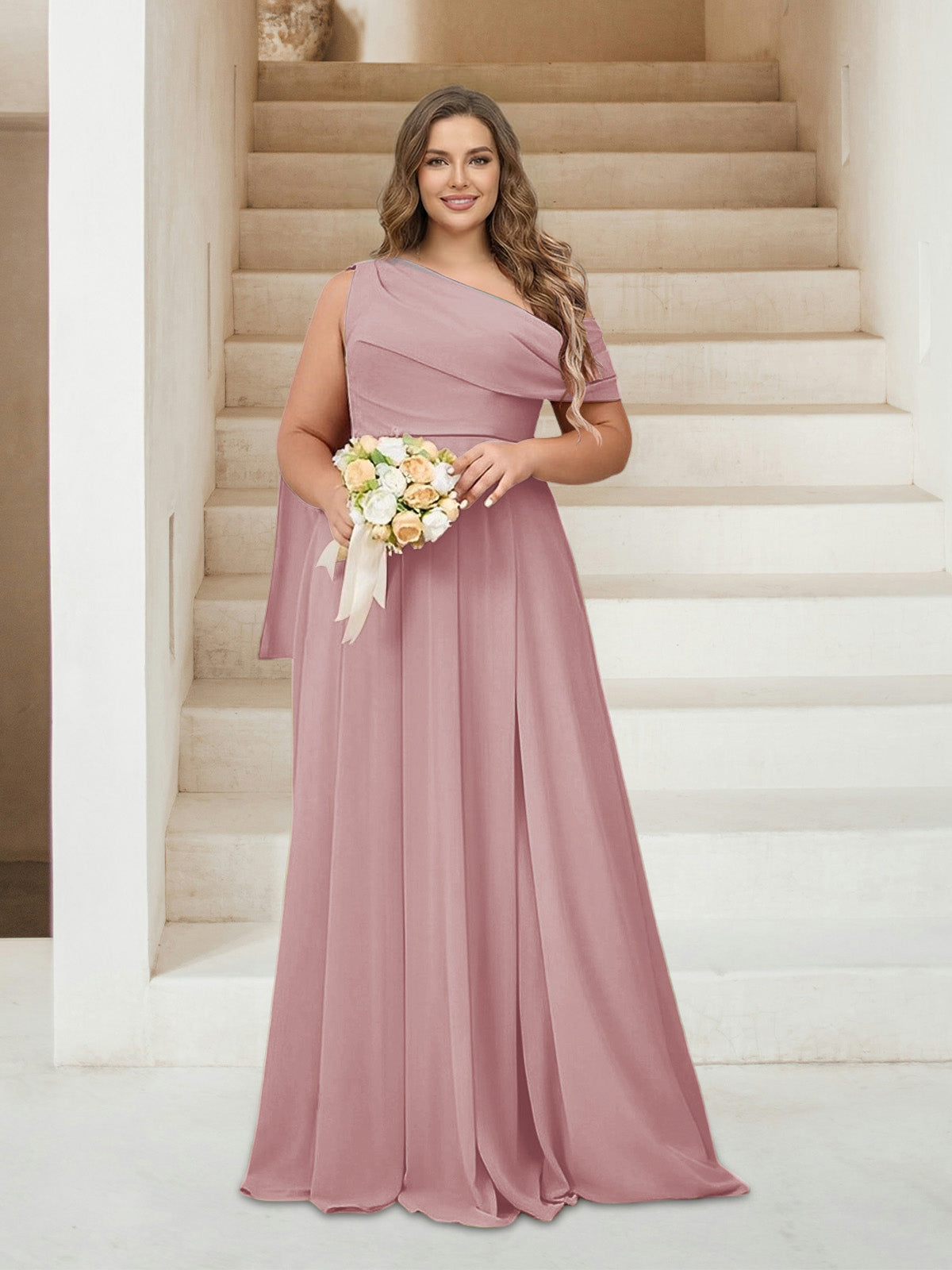 A-Line/Princess One-Shoulder Floor-Length Sleeveless Plus Size Bridesmaid Dresses Mauve