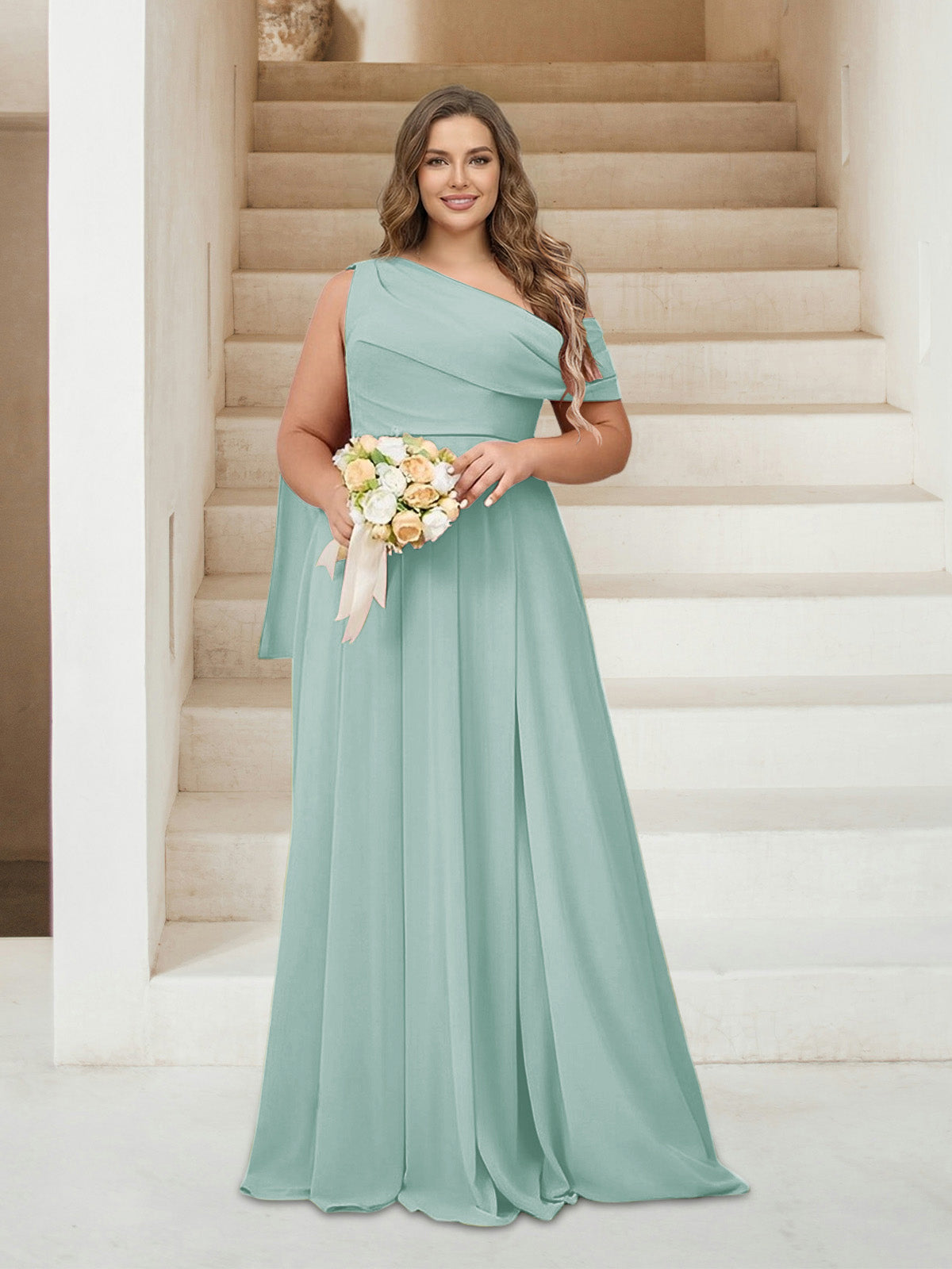 A-Line/Princess One-Shoulder Floor-Length Sleeveless Plus Size Bridesmaid Dresses Mist Blue
