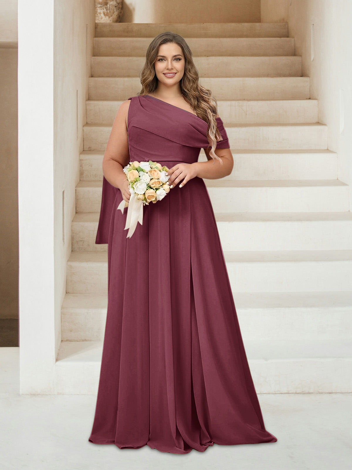 A-Line/Princess One-Shoulder Floor-Length Sleeveless Plus Size Bridesmaid Dresses Mulberry