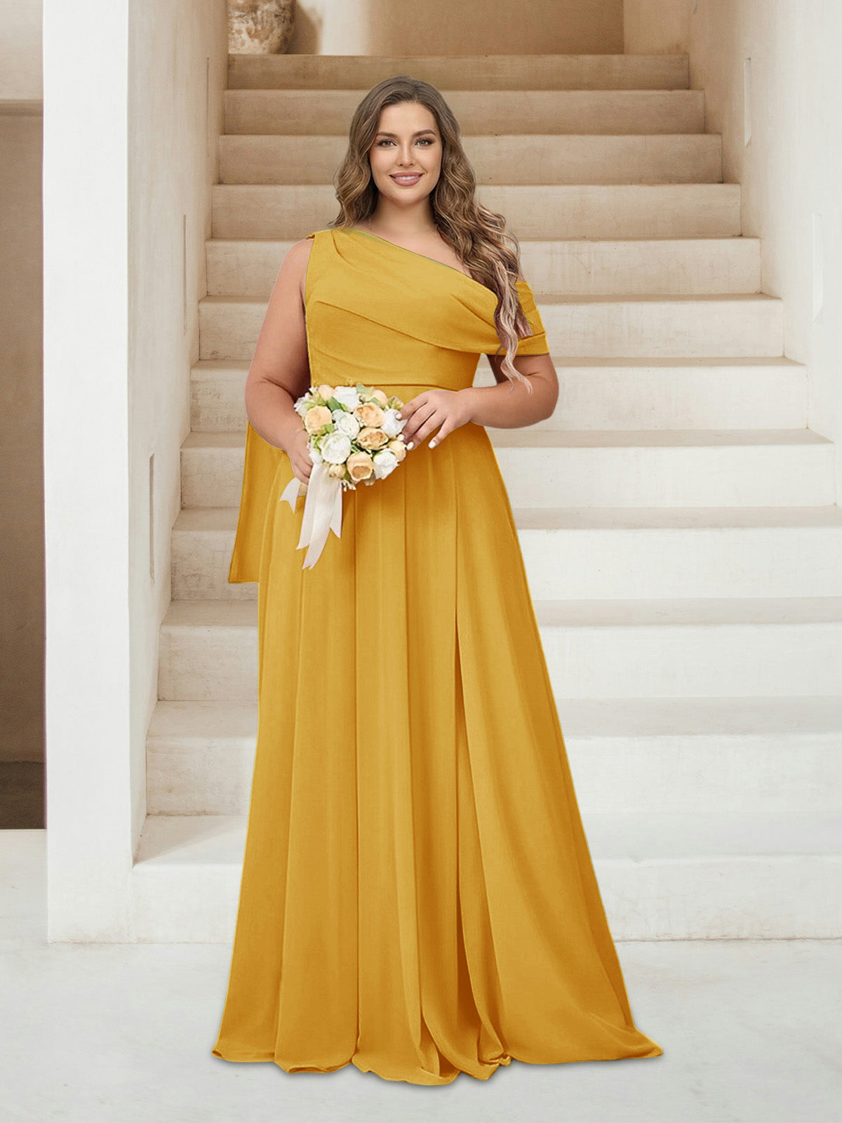A-Line/Princess One-Shoulder Floor-Length Sleeveless Plus Size Bridesmaid Dresses Mustard Yellow