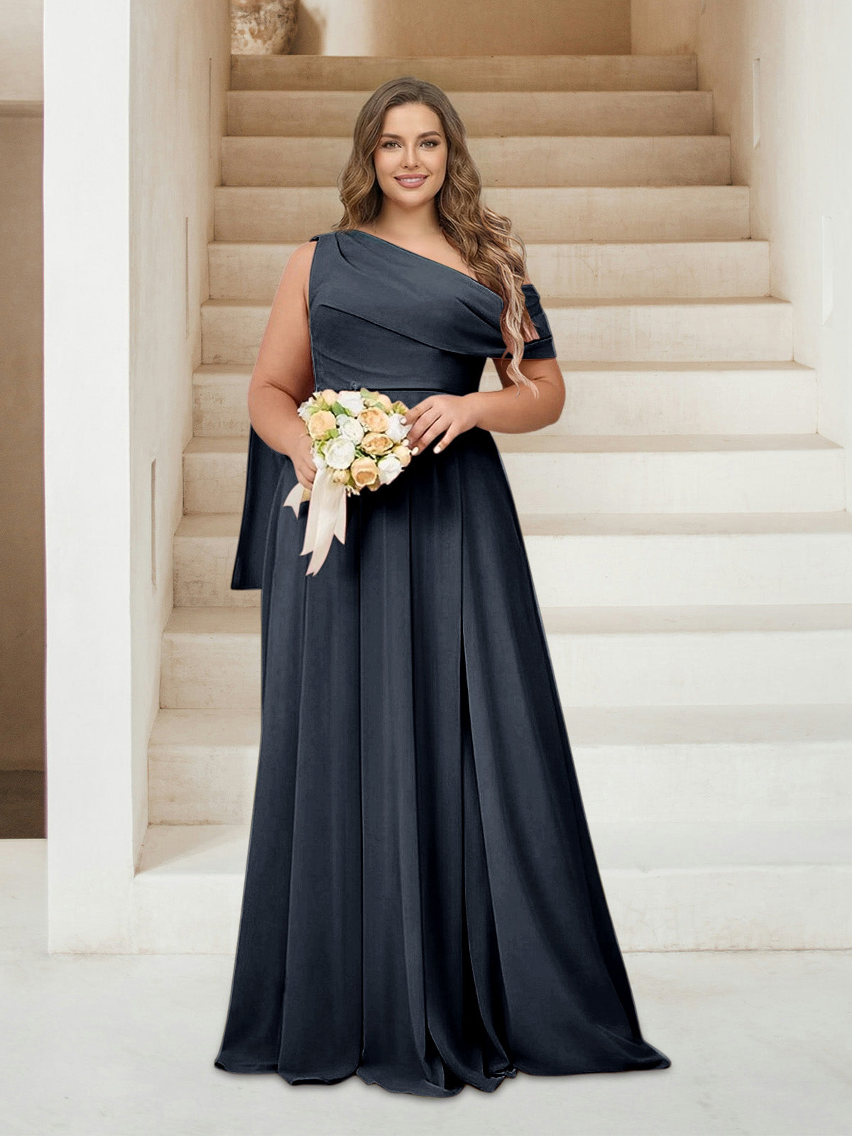 A-Line/Princess One-Shoulder Floor-Length Sleeveless Plus Size Bridesmaid Dresses Navy Blue