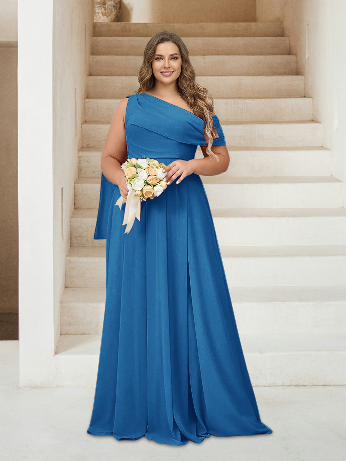 A-Line/Princess One-Shoulder Floor-Length Sleeveless Plus Size Bridesmaid Dresses Ocean Blue