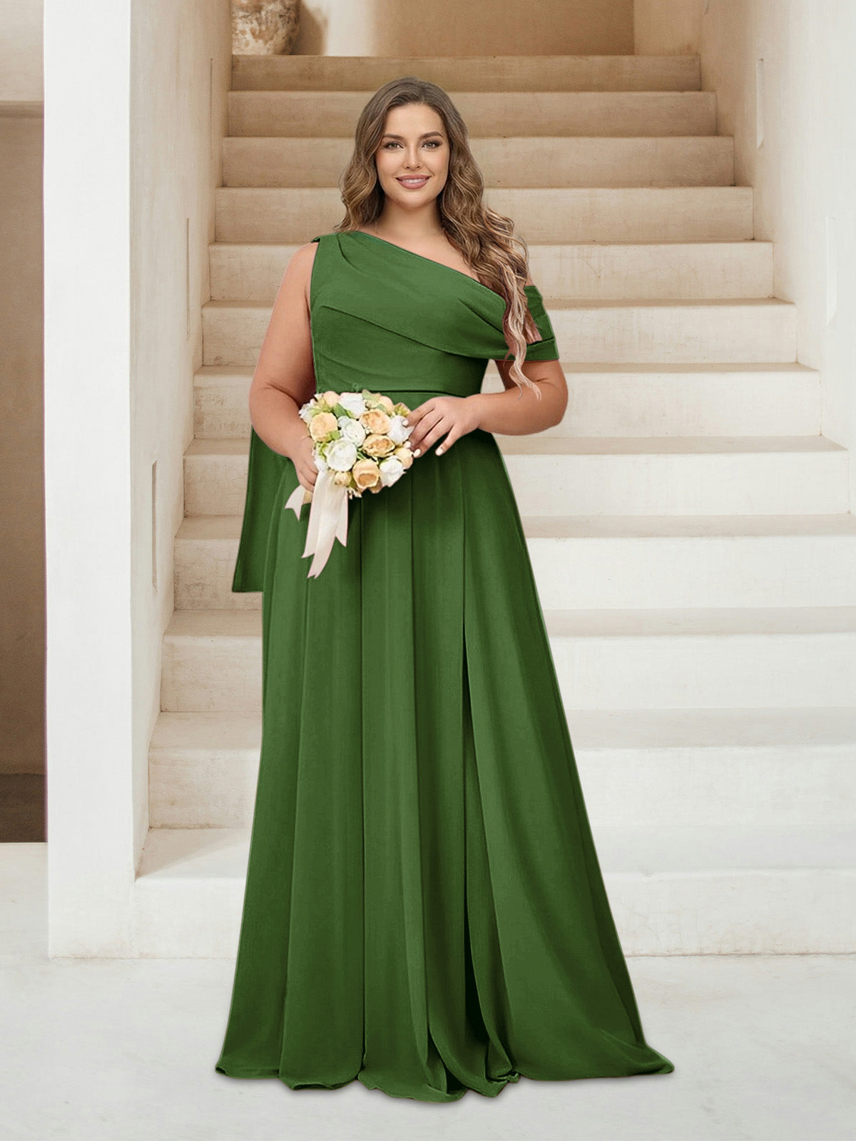 A-Line/Princess One-Shoulder Floor-Length Sleeveless Plus Size Bridesmaid Dresses Olive Green