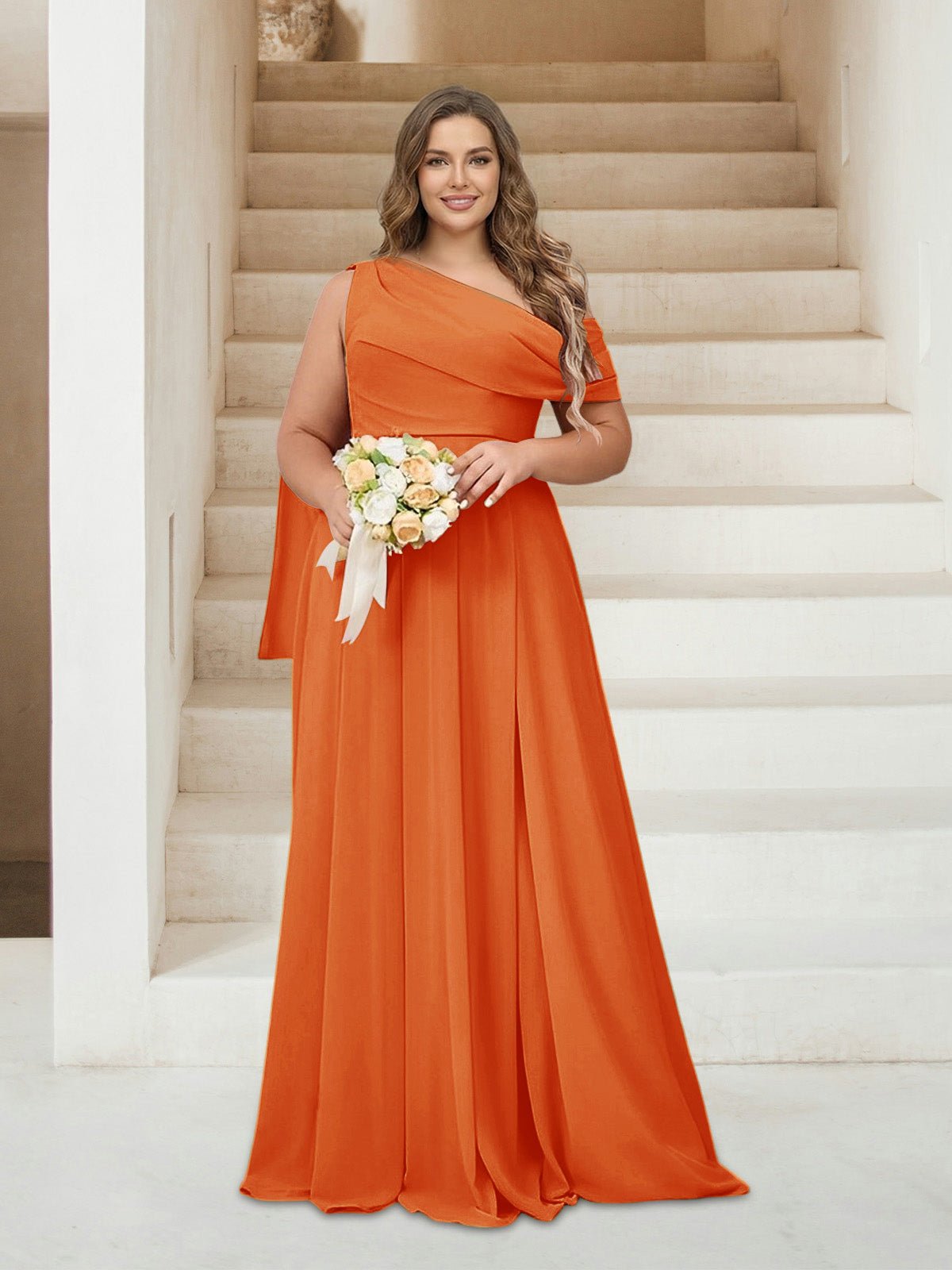 A-Line/Princess One-Shoulder Floor-Length Sleeveless Plus Size Bridesmaid Dresses Orange