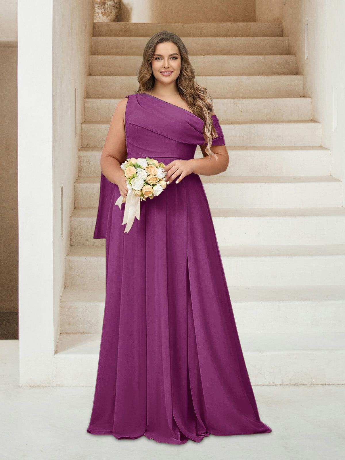 A-Line/Princess One-Shoulder Floor-Length Sleeveless Plus Size Bridesmaid Dresses Orchid