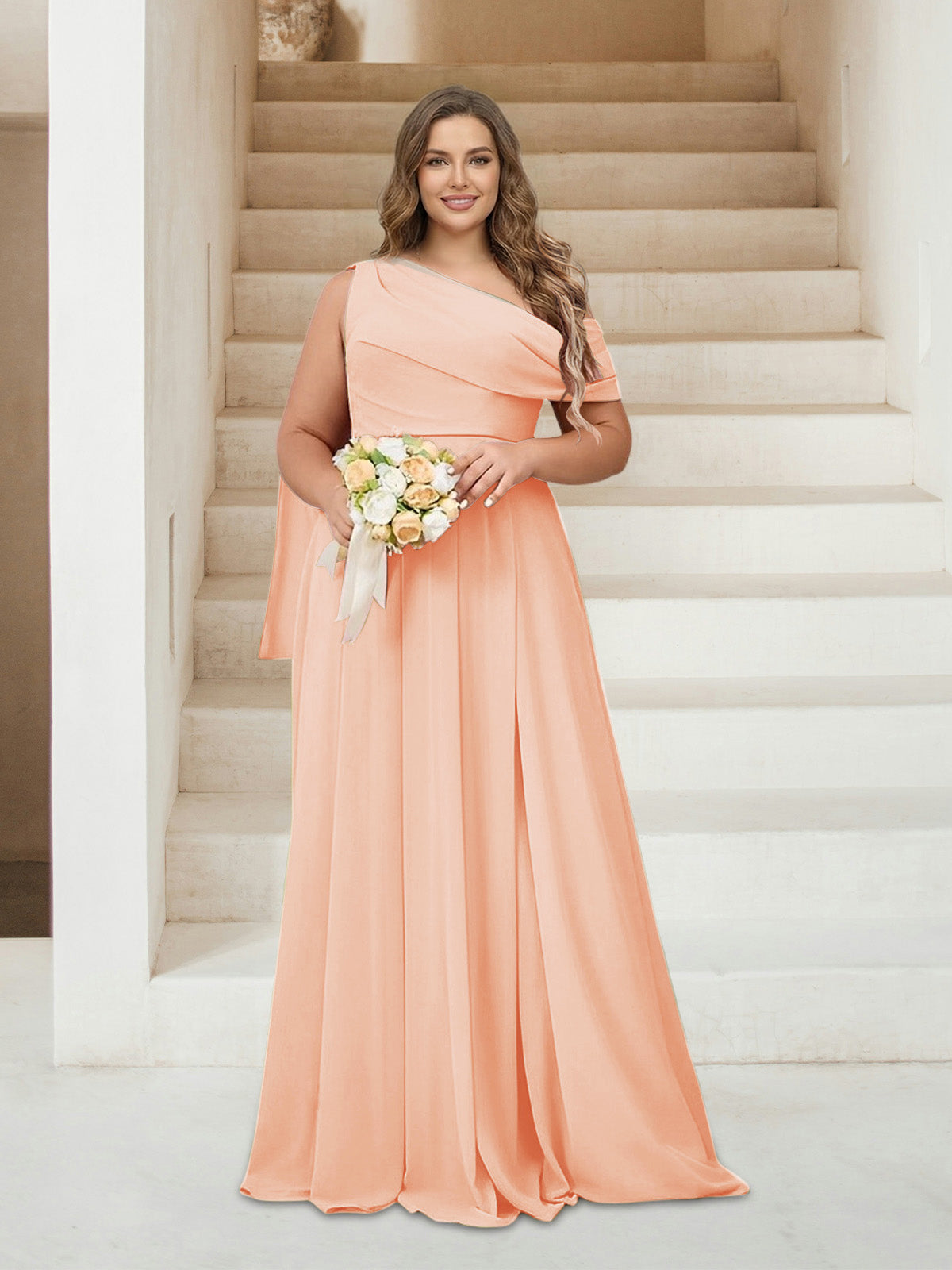 A-Line/Princess One-Shoulder Floor-Length Sleeveless Plus Size Bridesmaid Dresses Peach Pink